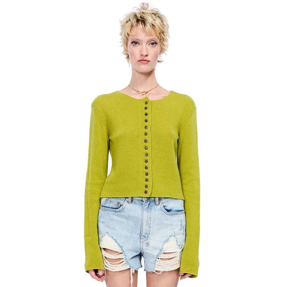VIAVIA Women's Round Neck Cashmere Cardigan Size L in Chartreuse
